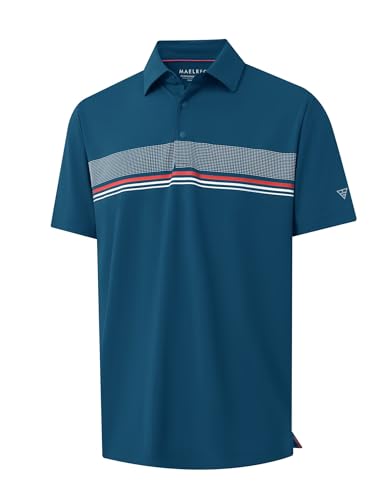 M MAELREG Mens Golf Shirts Short Sleeve Chest Print Stripe Moisture Wicking Dry Fit Casual Collared Mens Polo Shirts