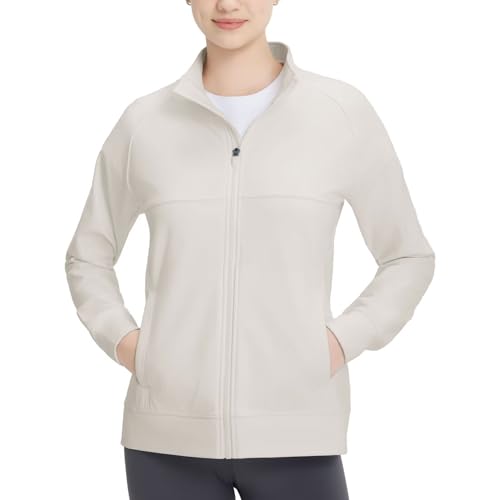 M MAELREG Fleece Lined Jacket Women Mock Neck Performance Water-Resistant Lightweight Stretch Athletic Jackets with Pockets Oyster Gray Medium