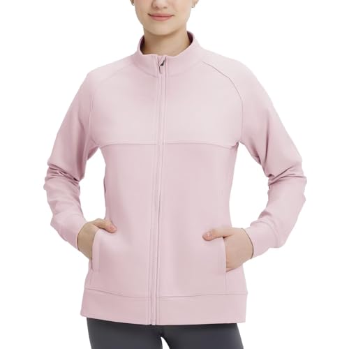 M MAELREG Fleece Lined Jacket Women Mock Neck Performance Water-Resistant Lightweight Stretch Athletic Jackets with Pockets Light Purple X-Small