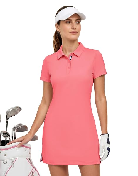 M MAELREG Women Polo Golf Dress with Separate Shorts 2 Pockets UPF 50+ Pink
